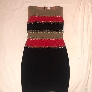 Banded gold stud trim sheath bistretch dress